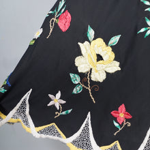 Load image into Gallery viewer, 40s 50s BLACK SILKY RAYON FLORAL EMBROIDERED MADEIRA / SPANISH DRESS - M