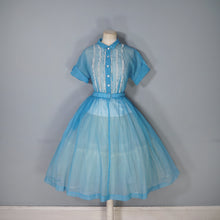 Load image into Gallery viewer, 50s SHEER SEERSUCKER CHIFFON BLUE LACE TRIM FULL SKIRT DRESS - S