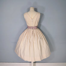 Load image into Gallery viewer, 50s 60s BEIGE FULL SKIRTED BLANES DRESS WITH POLKA DOT SASH WAIST - XS