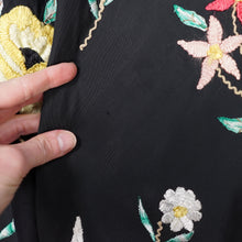 Load image into Gallery viewer, 40s 50s BLACK SILKY RAYON FLORAL EMBROIDERED MADEIRA / SPANISH DRESS - M