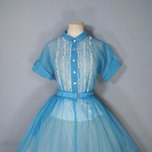 Load image into Gallery viewer, 50s SHEER SEERSUCKER CHIFFON BLUE LACE TRIM FULL SKIRT DRESS - S