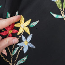 Load image into Gallery viewer, 40s 50s BLACK SILKY RAYON FLORAL EMBROIDERED MADEIRA / SPANISH DRESS - M