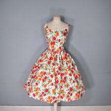 Load image into Gallery viewer, 50s WHITE RED AND ORANGE BUSHY FLORAL SUN DRESS WITH FULL SKIRT - S