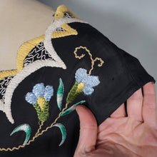 Load image into Gallery viewer, 40s 50s BLACK SILKY RAYON FLORAL EMBROIDERED MADEIRA / SPANISH DRESS - M