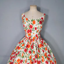Load image into Gallery viewer, 50s WHITE RED AND ORANGE BUSHY FLORAL SUN DRESS WITH FULL SKIRT - S