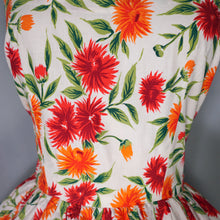 Load image into Gallery viewer, 50s WHITE RED AND ORANGE BUSHY FLORAL SUN DRESS WITH FULL SKIRT - S