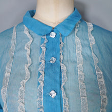 Load image into Gallery viewer, 50s SHEER SEERSUCKER CHIFFON BLUE LACE TRIM FULL SKIRT DRESS - S