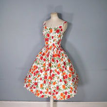 Load image into Gallery viewer, 50s WHITE RED AND ORANGE BUSHY FLORAL SUN DRESS WITH FULL SKIRT - S