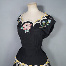 Load image into Gallery viewer, 40s 50s BLACK SILKY RAYON FLORAL EMBROIDERED MADEIRA / SPANISH DRESS - M