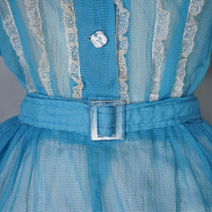 50s SHEER SEERSUCKER CHIFFON BLUE LACE TRIM FULL SKIRT DRESS - S