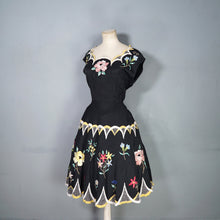 Load image into Gallery viewer, 40s 50s BLACK SILKY RAYON FLORAL EMBROIDERED MADEIRA / SPANISH DRESS - M