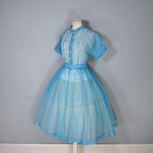 Load image into Gallery viewer, 50s SHEER SEERSUCKER CHIFFON BLUE LACE TRIM FULL SKIRT DRESS - S