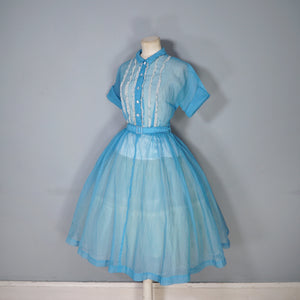 50s SHEER SEERSUCKER CHIFFON BLUE LACE TRIM FULL SKIRT DRESS - S