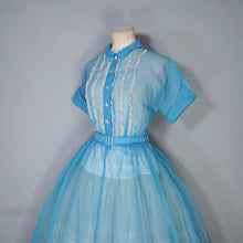Load image into Gallery viewer, 50s SHEER SEERSUCKER CHIFFON BLUE LACE TRIM FULL SKIRT DRESS - S