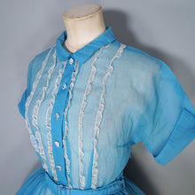 Load image into Gallery viewer, 50s SHEER SEERSUCKER CHIFFON BLUE LACE TRIM FULL SKIRT DRESS - S