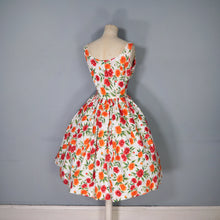 Load image into Gallery viewer, 50s WHITE RED AND ORANGE BUSHY FLORAL SUN DRESS WITH FULL SKIRT - S