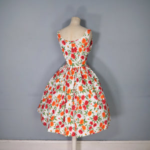 50s WHITE RED AND ORANGE BUSHY FLORAL SUN DRESS WITH FULL SKIRT - S