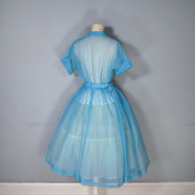 Load image into Gallery viewer, 50s SHEER SEERSUCKER CHIFFON BLUE LACE TRIM FULL SKIRT DRESS - S