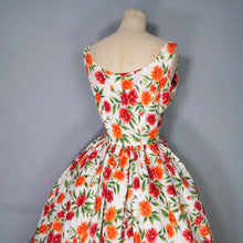 Load image into Gallery viewer, 50s WHITE RED AND ORANGE BUSHY FLORAL SUN DRESS WITH FULL SKIRT - S