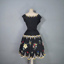 Load image into Gallery viewer, 40s 50s BLACK SILKY RAYON FLORAL EMBROIDERED MADEIRA / SPANISH DRESS - M