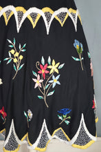 Load image into Gallery viewer, 40s 50s BLACK SILKY RAYON FLORAL EMBROIDERED MADEIRA / SPANISH DRESS - M