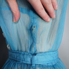 Load image into Gallery viewer, 50s SHEER SEERSUCKER CHIFFON BLUE LACE TRIM FULL SKIRT DRESS - S