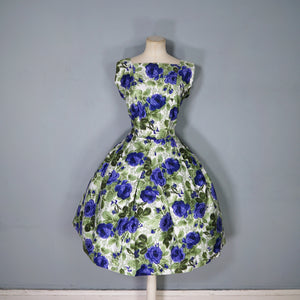 60s GREEN AND VIOLET-BLUE PAINTERLY ROSE COTTON DRESS - S