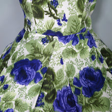Load image into Gallery viewer, 60s GREEN AND VIOLET-BLUE PAINTERLY ROSE COTTON DRESS - S