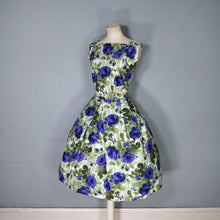 Load image into Gallery viewer, 60s GREEN AND VIOLET-BLUE PAINTERLY ROSE COTTON DRESS - S