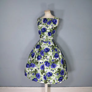 60s GREEN AND VIOLET-BLUE PAINTERLY ROSE COTTON DRESS - S