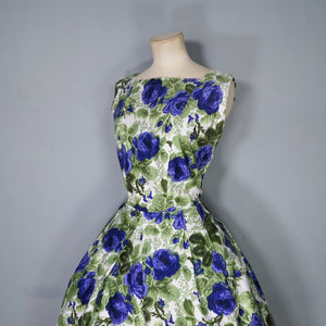 60s GREEN AND VIOLET-BLUE PAINTERLY ROSE COTTON DRESS - S