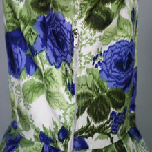 Load image into Gallery viewer, 60s GREEN AND VIOLET-BLUE PAINTERLY ROSE COTTON DRESS - S