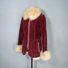 Load image into Gallery viewer, 70s BURGUNDY FAUX SUEDE JACKET WITH FLUFFY SHEEPSKIN TRIMS - S