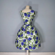 Load image into Gallery viewer, 60s GREEN AND VIOLET-BLUE PAINTERLY ROSE COTTON DRESS - S