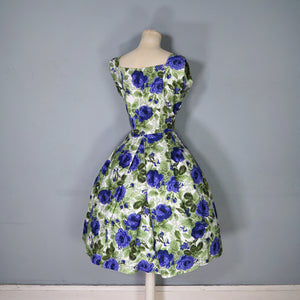 60s GREEN AND VIOLET-BLUE PAINTERLY ROSE COTTON DRESS - S