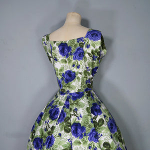 60s GREEN AND VIOLET-BLUE PAINTERLY ROSE COTTON DRESS - S