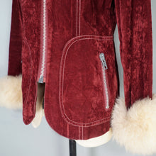 Load image into Gallery viewer, 70s BURGUNDY FAUX SUEDE JACKET WITH FLUFFY SHEEPSKIN TRIMS - S