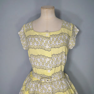 40s / 50s SOFT RAYON YELLOW FLORAL TEA DRESS WITH BELT - M