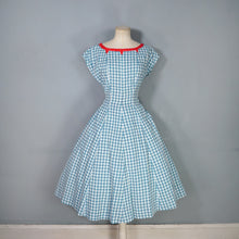 Load image into Gallery viewer, 50s TEAL RED PATTERNED FIT AND FLARE COTTON DRESS WITH REVERSIBLE BOLERO - S-M