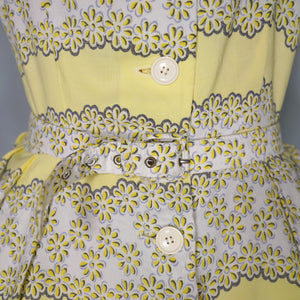 40s / 50s SOFT RAYON YELLOW FLORAL TEA DRESS WITH BELT - M