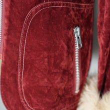 Load image into Gallery viewer, 70s BURGUNDY FAUX SUEDE JACKET WITH FLUFFY SHEEPSKIN TRIMS - S