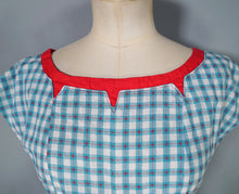 Load image into Gallery viewer, 50s TEAL RED PATTERNED FIT AND FLARE COTTON DRESS WITH REVERSIBLE BOLERO - S-M