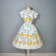 Load image into Gallery viewer, 60s YELLOW BOW AND BLUE ROSE PRINT FULL SKIRTED DRESS - S-M