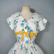 Load image into Gallery viewer, 60s YELLOW BOW AND BLUE ROSE PRINT FULL SKIRTED DRESS - S-M