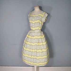 40s / 50s SOFT RAYON YELLOW FLORAL TEA DRESS WITH BELT - M