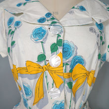 Load image into Gallery viewer, 60s YELLOW BOW AND BLUE ROSE PRINT FULL SKIRTED DRESS - S-M