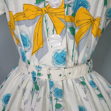 Load image into Gallery viewer, 60s YELLOW BOW AND BLUE ROSE PRINT FULL SKIRTED DRESS - S-M