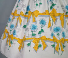 Load image into Gallery viewer, 60s YELLOW BOW AND BLUE ROSE PRINT FULL SKIRTED DRESS - S-M