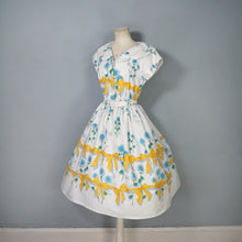 Load image into Gallery viewer, 60s YELLOW BOW AND BLUE ROSE PRINT FULL SKIRTED DRESS - S-M