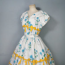 Load image into Gallery viewer, 60s YELLOW BOW AND BLUE ROSE PRINT FULL SKIRTED DRESS - S-M